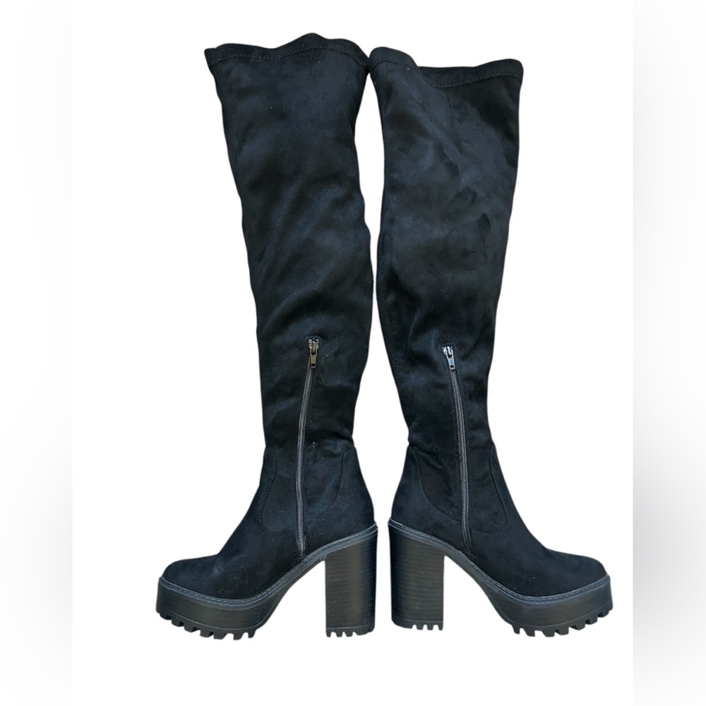 Diba Knee High Moto Chunky Heel Suede like Fabric Boots size 5.5